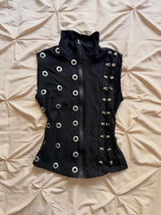 Voguable  Women Gothic Black Corset Vest Eyelet Metal Buckle Sleeveless Zip Up Crop Top Streetwear voguable