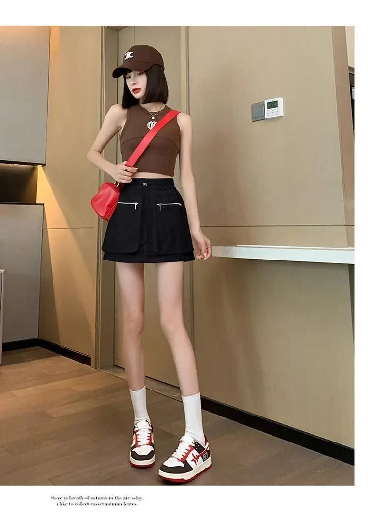 High Waist Drawstring Summer Women Short A Line Skirt Vintage Casual Cargo Big Zipper Pocket Skirt with Safety Shorts Hip Skirts voguable
