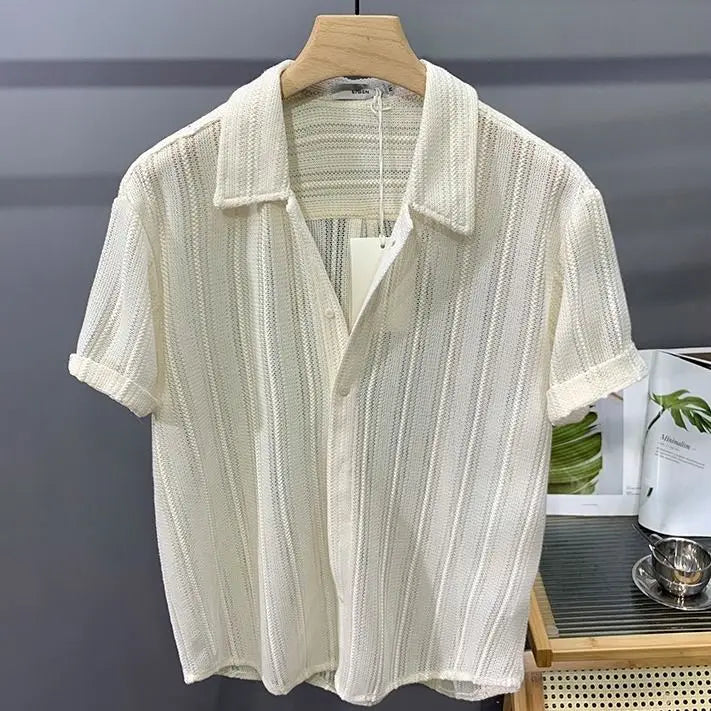 Voguable  Hollow Short-sleeved Shirt Men's Summer Thin Trendy Handsome French Light Luxury Drape Hawaiian Shirt Men's Top voguable