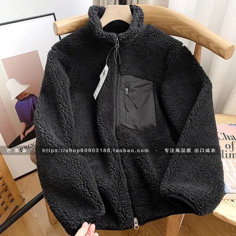 Autumn Winter Lambswool Coat Male Loose Windproof Warm Sherpa Stand Collar Polar Fleece Jacket Unisex Simple  Pocket Spliced Top voguable