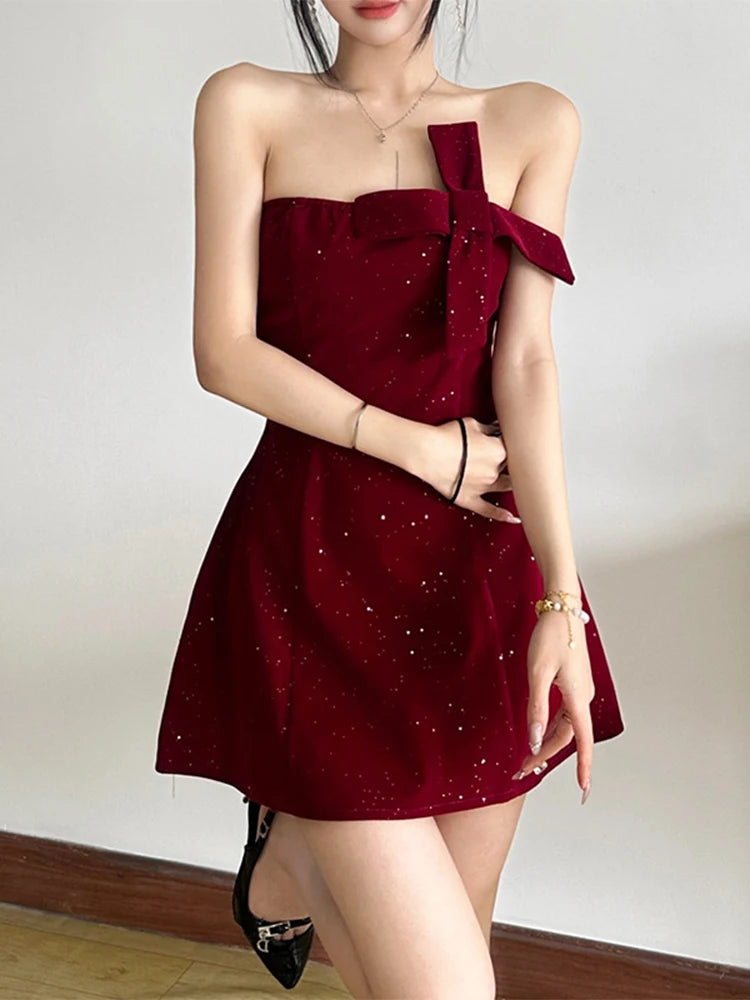 Trendix Sequins Tube Top Dress Ladies Fashion Bow Patchwork High Waist Sleeveless Mini Dress Party Sexy Off Shoulder Dress Women voguable