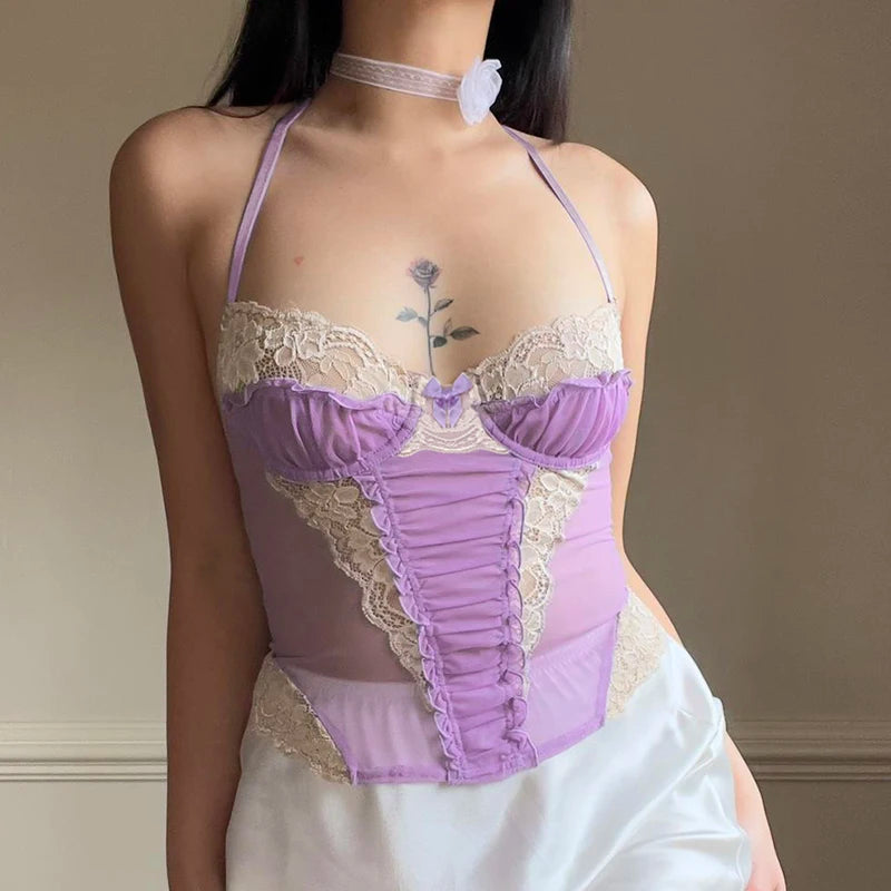 Voguable Coquette Sexy Lace Patchwork Corset Women Backless Criss-cross Bandage Halter Tops Y2K Aesthetic Camis Fairycore Tanks voguable
