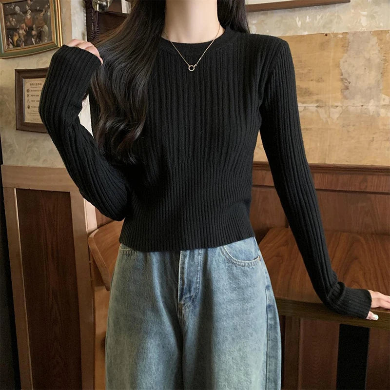 O Neck Knitted Sweater Women Korean Slim Long Sleeve Casual Crop Pullover Autumn Solid Simple All Match Sweater Female New voguable