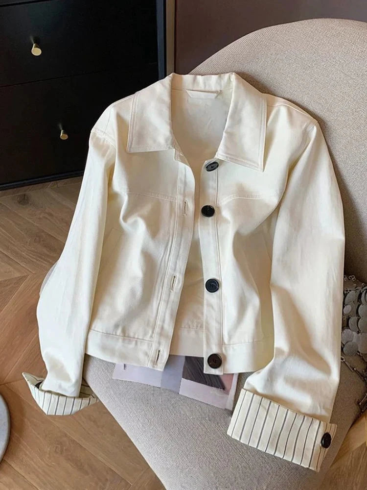 Fashion Sweet Slim Denim Jacket Women Korean Long Sleeve Striped Patchwork Short Coat Fall Winter Female Chic Outwear Tops voguable
