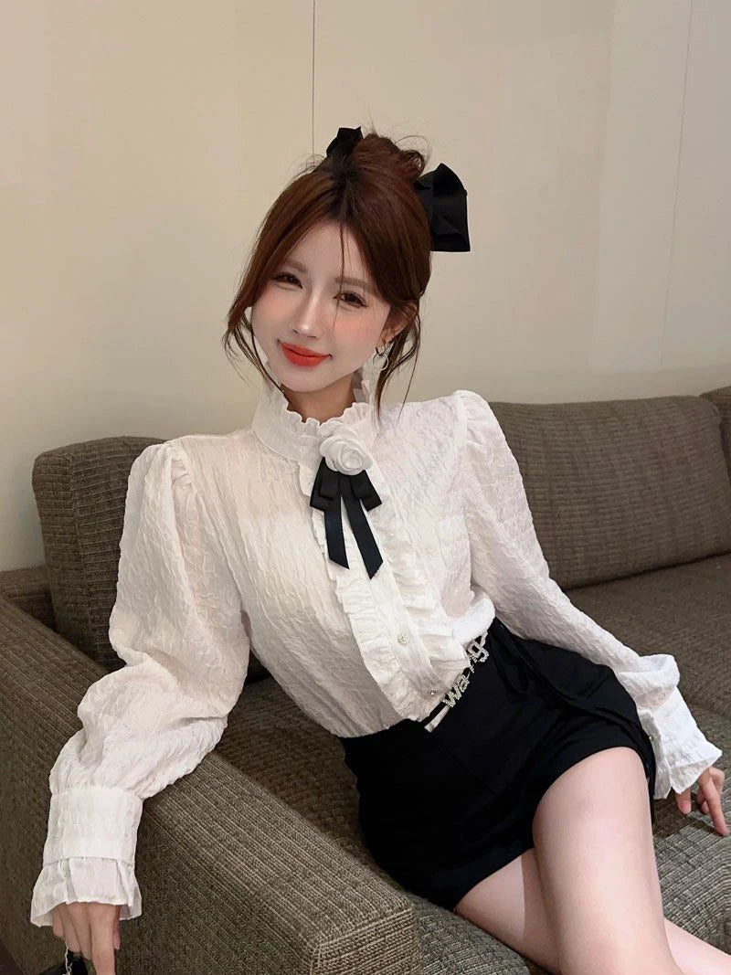 3D Floral Bow Shirt Women Elegant Long Sleeve Retro Korean White Blouse Casual Design Female Vintage Sweet Tops Spring New voguable