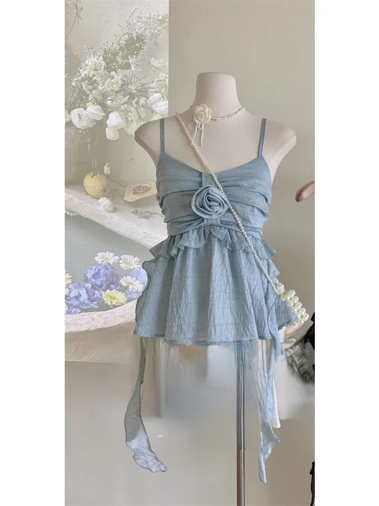Voguable  Summer Women Sweet Halter Top Cute Core Gyaru French Vintage Camisole Coquette 2000s Aesthetic Ruffle Mori Girl Hot Sexy Kawaii voguable