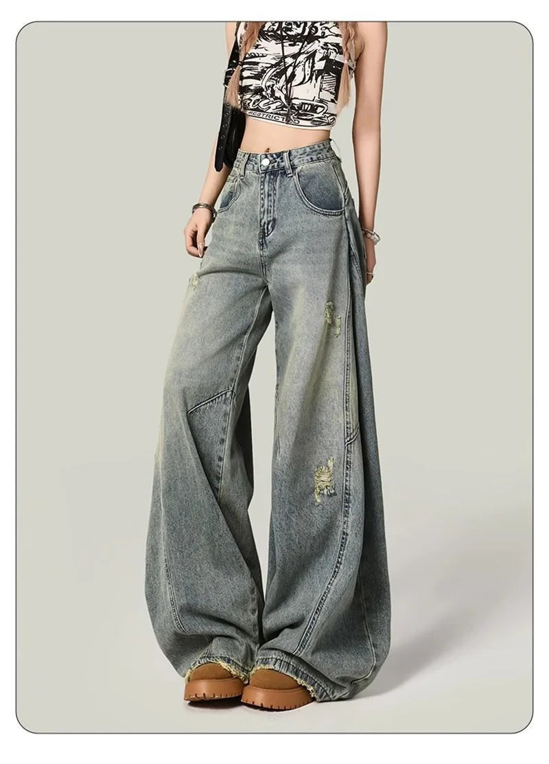 Women Y2K Hole Jeans Streetwear American Retro High Waist Loose Denim Pants Casual Hip Hop Vintage Pockets Lady Gothic Trousers voguable