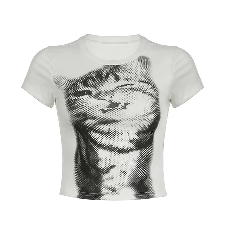 y2k Crop Top Cute T Shirt Women Summer Cat Print Round Neck Short Sleeve Baby Tee Graphic Clothes 2000s Streetwear voguable