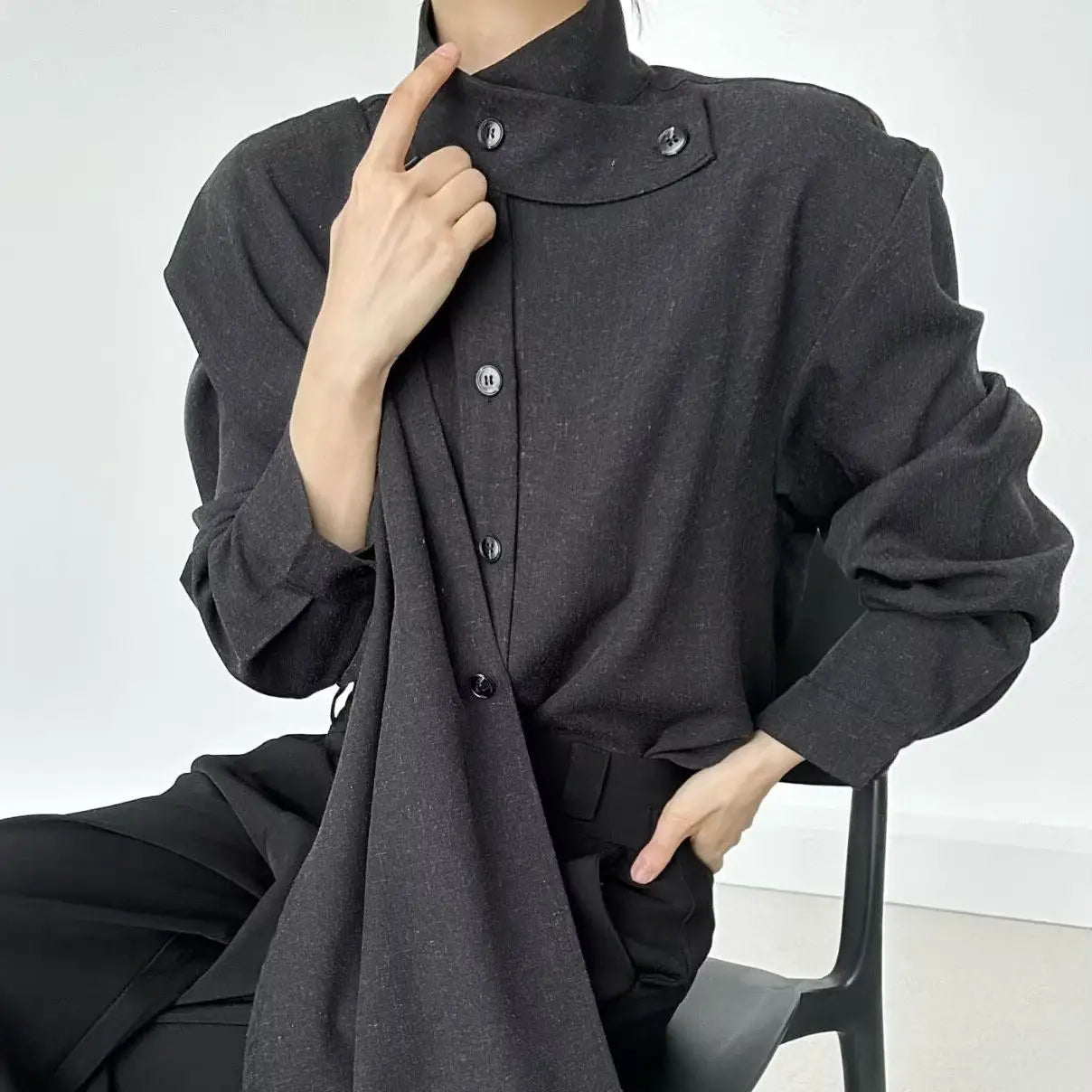 Voguable  Men French Stand Collar Shirt Irregular Artistic Design Style Casual Loose Tops Fashion Trend Office Wear Streetwear Retro voguable