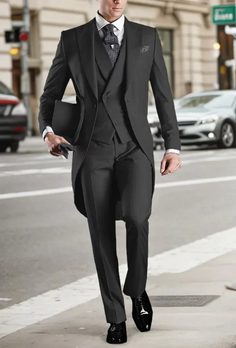 Voguable  Elegant Men's 3-Piece Tail Coat Blazer Vest Pant Tuxedo Set Regular Fit Peak Lapel Formal Male Suit for Prom Wedding Business voguable