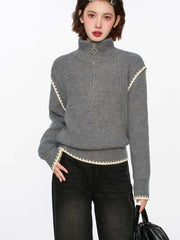 Streetwear Retro Gray Sweaters Women Loose Harajuku Long Sleeve Knitted Pullover Y2K American Turtleneck Vintage Jumper New voguable