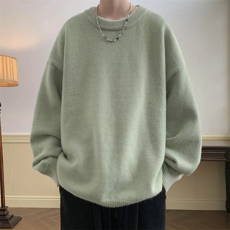 New Japanese Retro Men Knitted Sweater Light Luxury Casual O Neck Solid Color Long Sleeve Pullovers Loose High Street Knitwear voguable