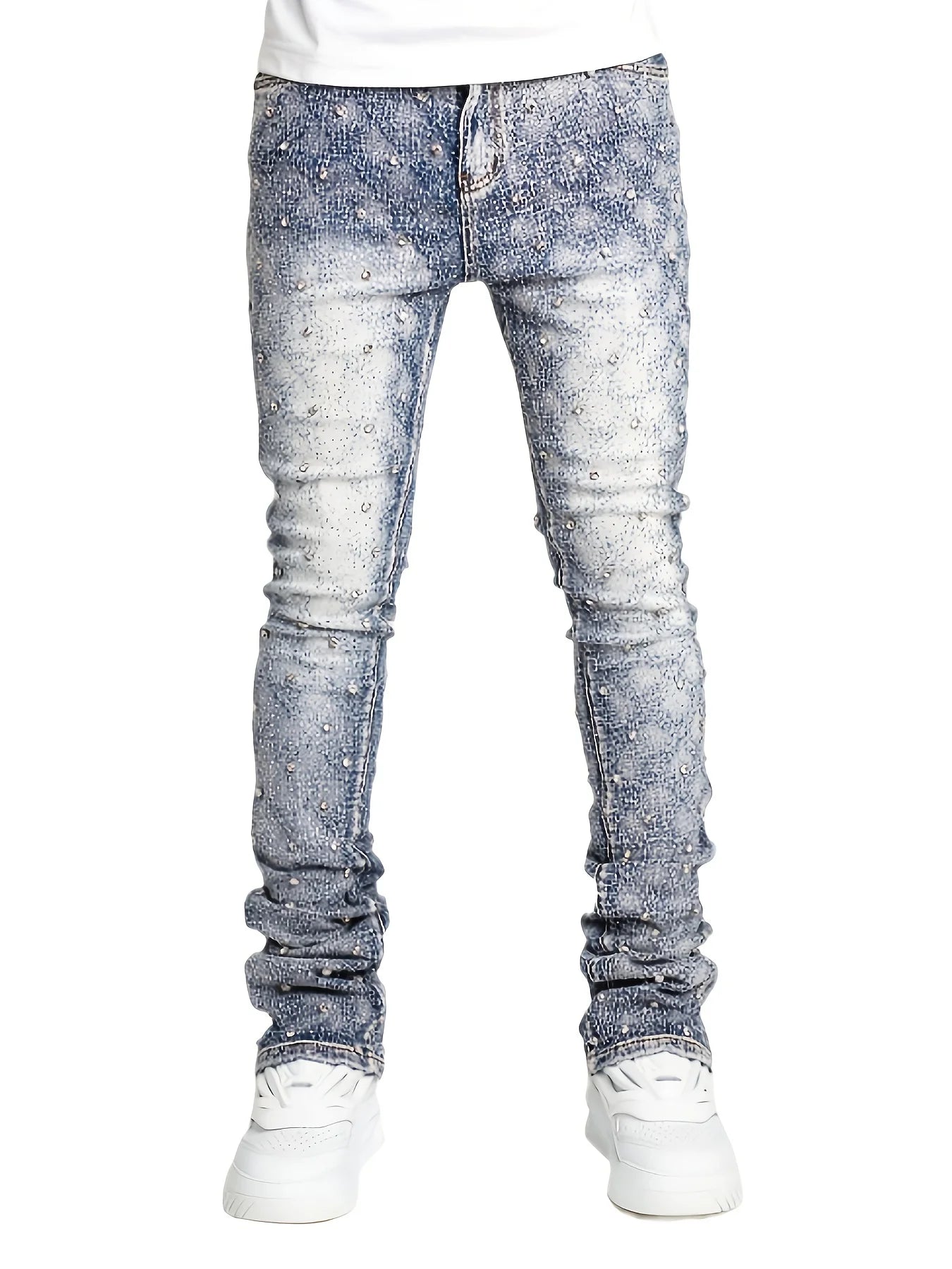 Voguable  Men's denim fashion personality straight leg men's pants European and American fashion Instagram hot item elastic pearl denim la voguable