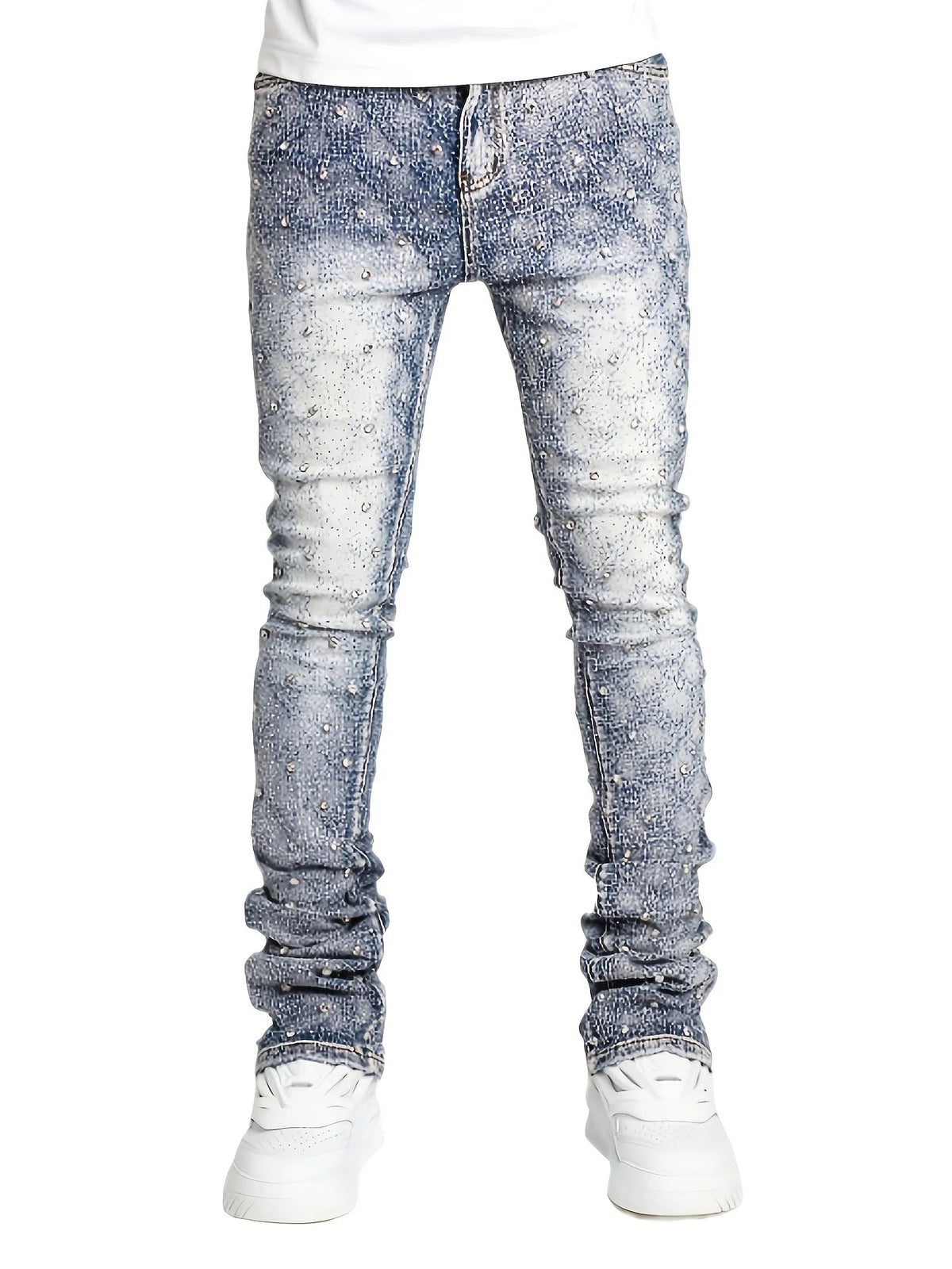 Voguable  Men's denim fashion personality straight leg men's pants European and American fashion Instagram hot item elastic pearl denim la voguable