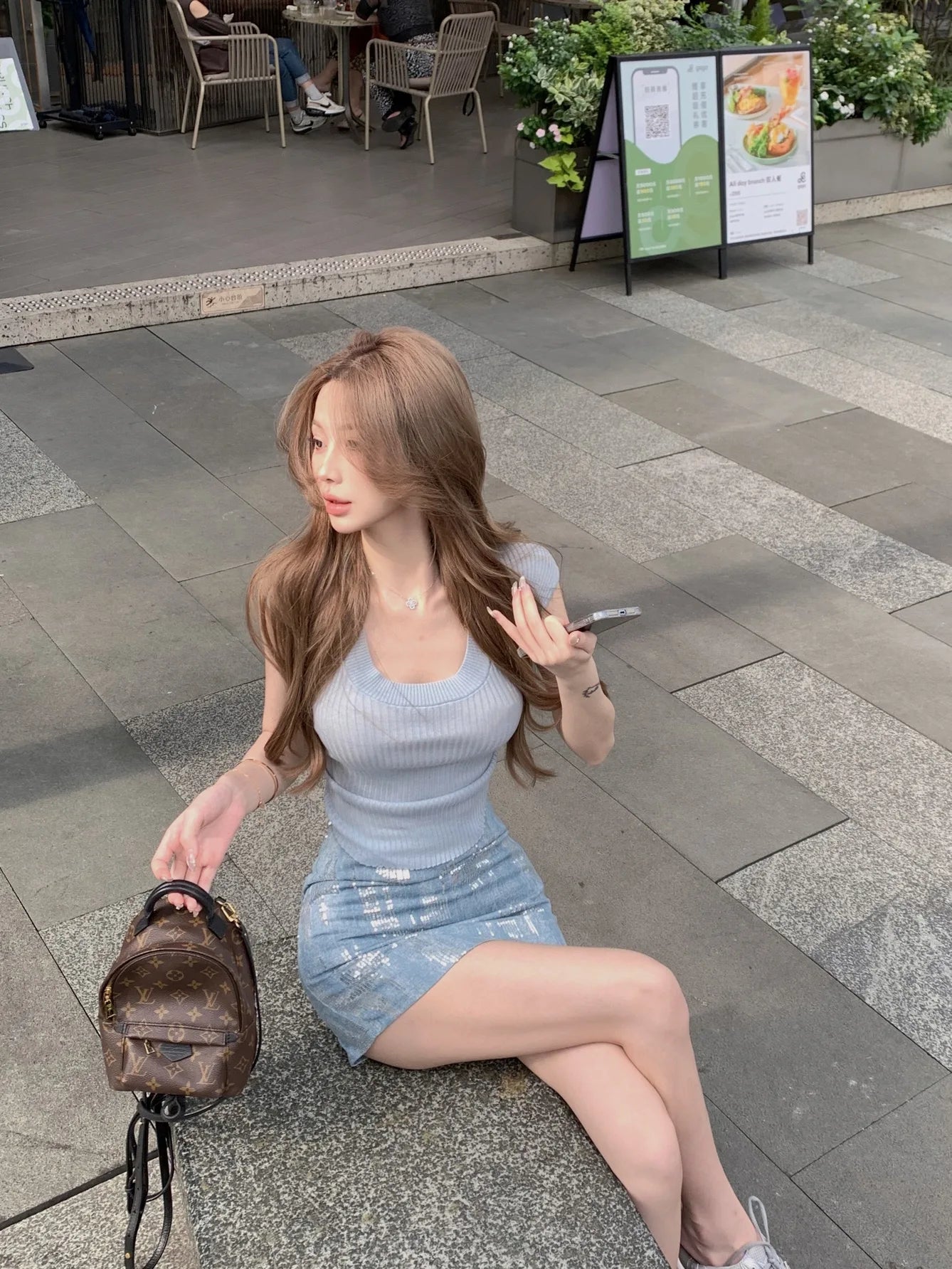 Voguable 2024 Spring New High Street Fashion Sequin Denim Mini Skirt Women + Solid Color Sexy Slim Knitted Camisole Two-piece Suit voguable