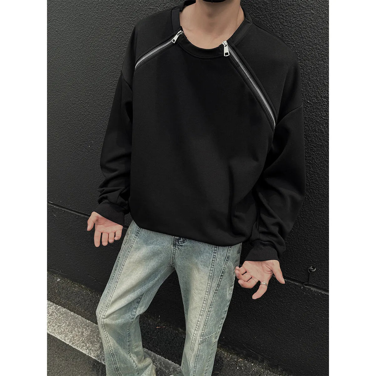 2025 Spring Men Sweatshirts Metal Zipper Solid Color Casual O Neck Fashion Oversize Streetwear Hip Hop Male White/Black voguable