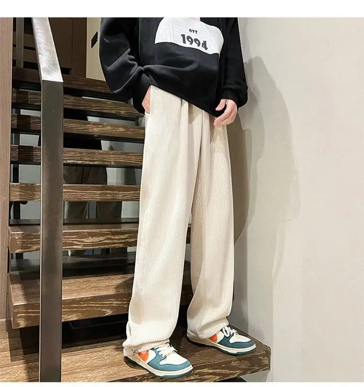 Autumn Corduroy Straight Trousers Men Loose Solid Casual Drape Trousers Harajuku Fashion Drawstring Street Wide Leg Sweatpant voguable
