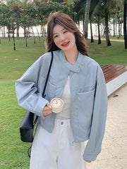 Sweet Biker Pu Jacket Women Vintage Preppy Style Big Pockets Short Coat Casual Korean Long Sleeve Retro O Neck Cute Tops voguable