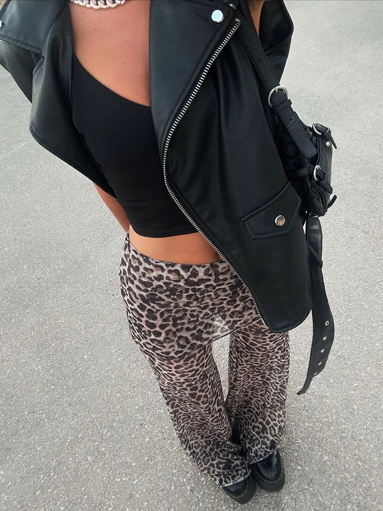 Mesh Leopard Print Trousers Woman Fashion High Waist Print Wide Leg Pants Female Elegant Printed Long Pants Bottoms voguable