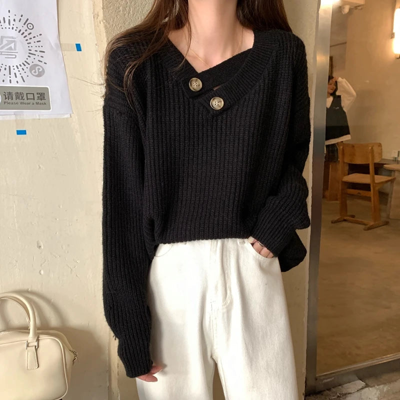 V-neck Knit Pullover Women Slouchy Long Sleeve Drop Shoulder Sweater with Buttoned Strap Cozy Knitwear Autumn Winter Chic Outfit voguable