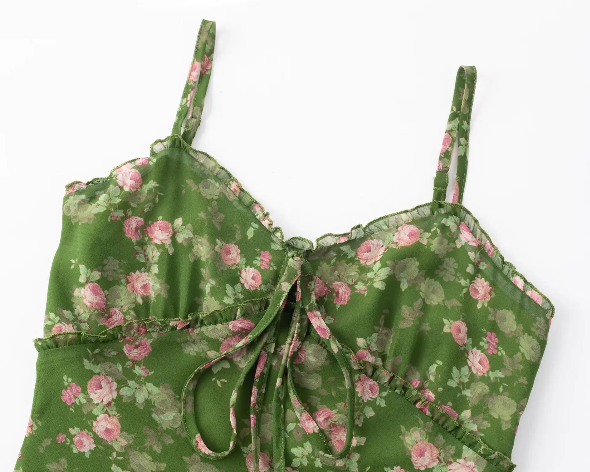 Green Pink Floral Print Women Dress For Summer 2025 New V-neck Chiffon Long Dresses Fashion High Waist Vacation Beach Vestidos voguable