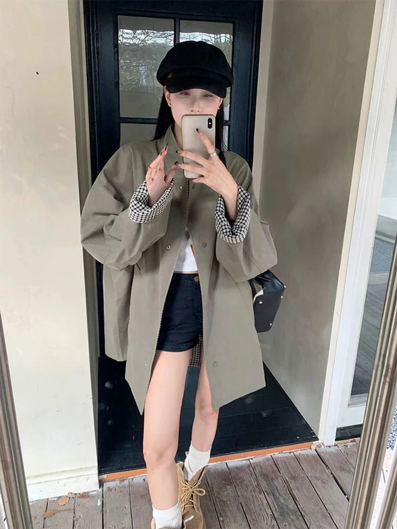 Korean Chic Elegant Jacket Women Loose Design Double Sided Wear Plaid Coat Fall Fashion Long Sleeve Sweet Pockets Outwear voguable