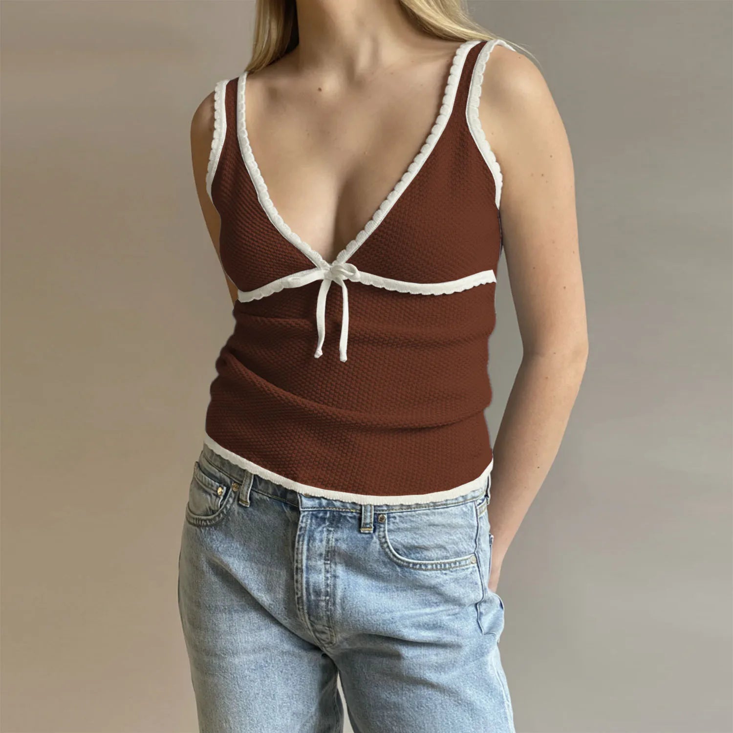 Retro Deep V Neck Crop Top Women Y2k Ruffle Vintage Tank Tops Womens Tie Up Bow Knitted Woman Backless Cute Tops 2024 New voguable