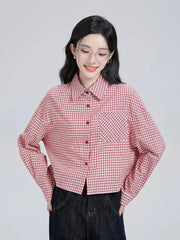 Sweet Red Plaid Shirt Women Preppy Style Vintage Long Sleeve Blouse Korean Fall Loose Female Retro Cute All Match Tops New voguable
