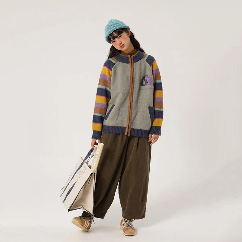 Vintage Rainbow Striped Sweater for Women Winter New Soft Long Sleeve Knitted Cardigan Female Harajuku Loose O Neck Zipper Coat voguable