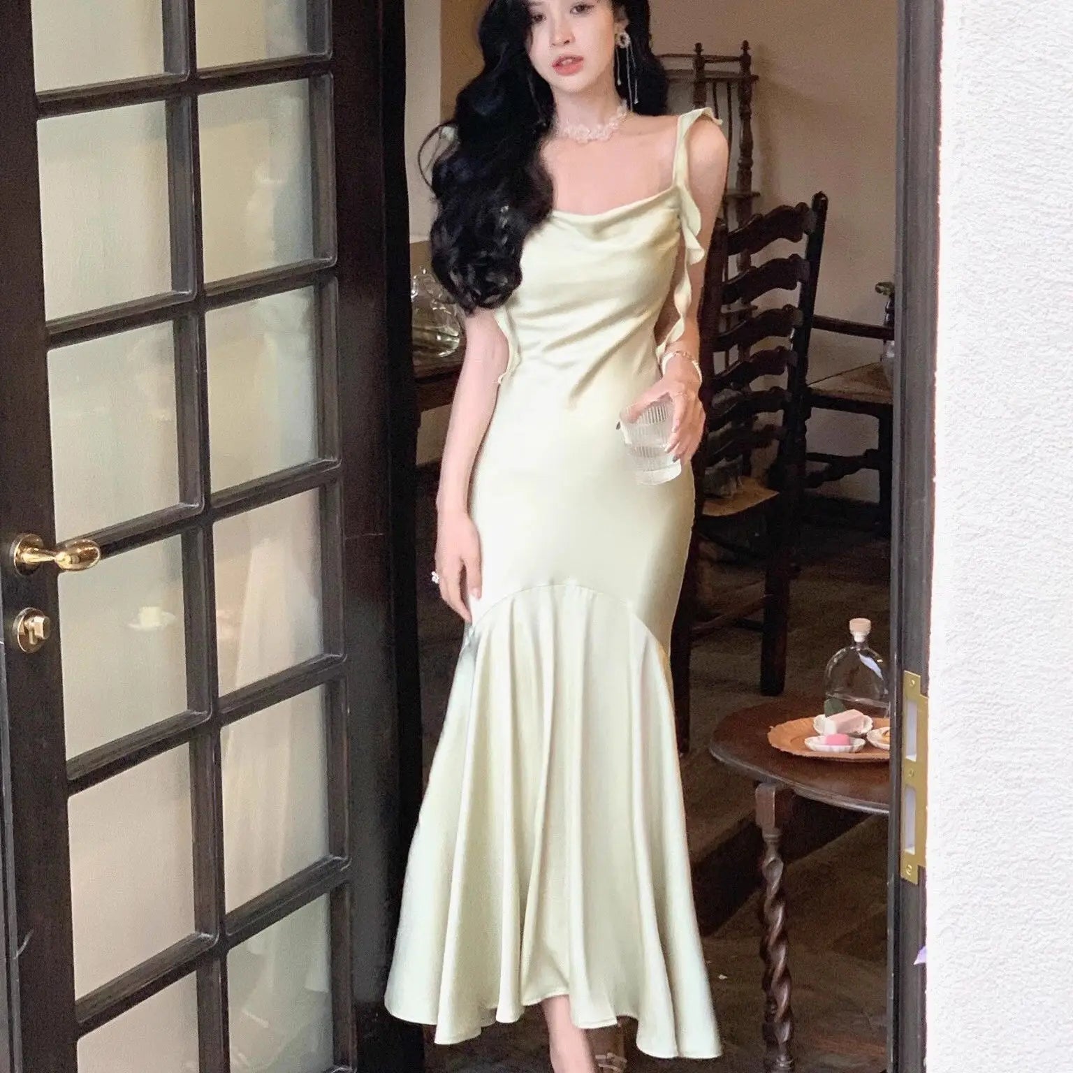 New Summer French Fashion Women Spaghetti Strap Elegant Long Mermaid Ruffles Dresses Evening Party Prom Clothes voguable
