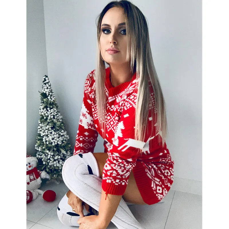 Sweater Women Christmas Deer Knitted Long Sleeve Round Neck Ladies Jumper Fashion Casual Winter Autumn Pullover ClothesPlus Size New Year voguable