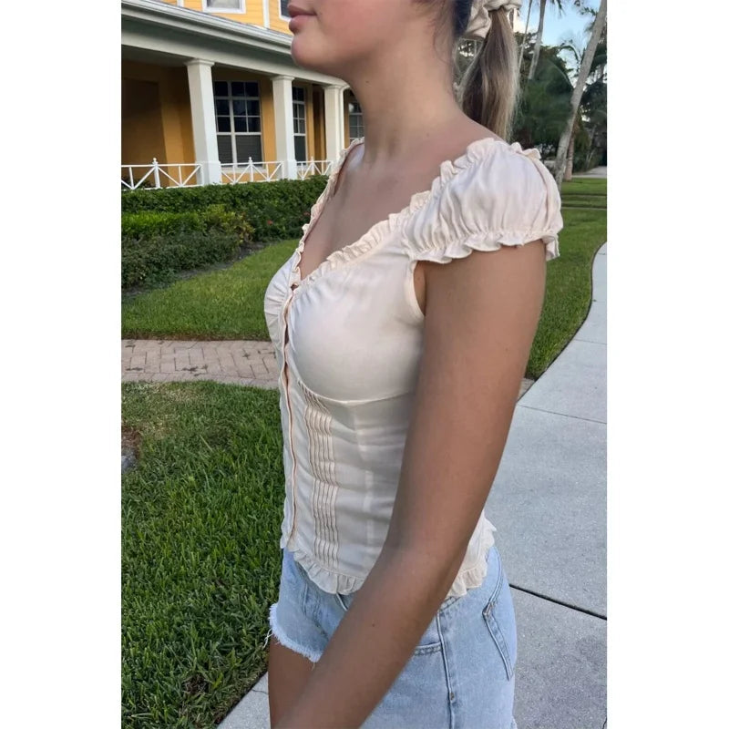 y2k Tank Top Women Summer Clothes Solid Color Cap Sleeve Button Down Slim Fit Frill T Shirt 2000s Vest Streetwear voguable