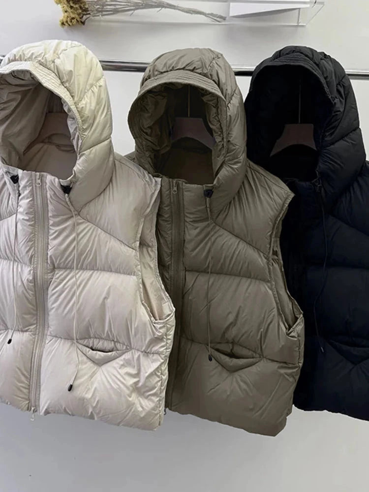 Vintage Y2K Puffy Vest Women Loose Sleeveless Warm Winter Cotton Vest Streetwear Casual Retro American Solid Hooded Vest voguable