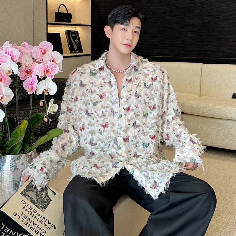 Voguable Korean Tassel Design Long Sleeve Shirts Men's Elegant 2024 New Butterfly Printed Loose Fashion Tops voguable