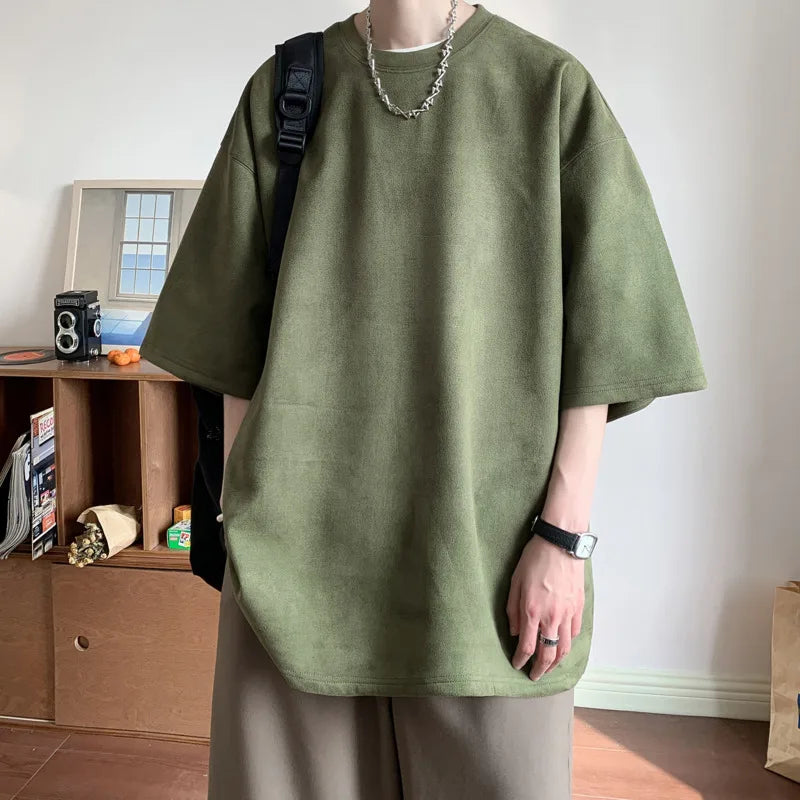 Summer Short Sleeved T-shirt Men Fashion Solid Color Round Neck T Shirt Men Streetwear Loose Suede Tshirt Mens Top M-3XL voguable