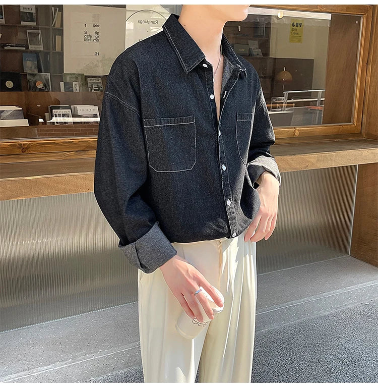 Voguable Spring Blue Black Denim Shirt Men Fashion Pocket Casual Shirts Mens Streetwear Korean Loose Long-sleeved Shirt Men M-2XL voguable