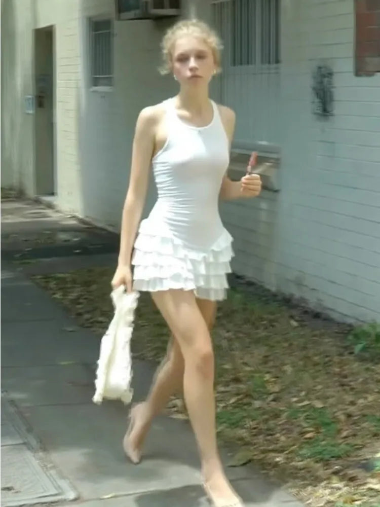 Ruffled Summer Fashion Mini Dress For Women Patchwork Slim Tee Bow Solid Sleeveless Dress Women's White Bodycon Dress New voguable