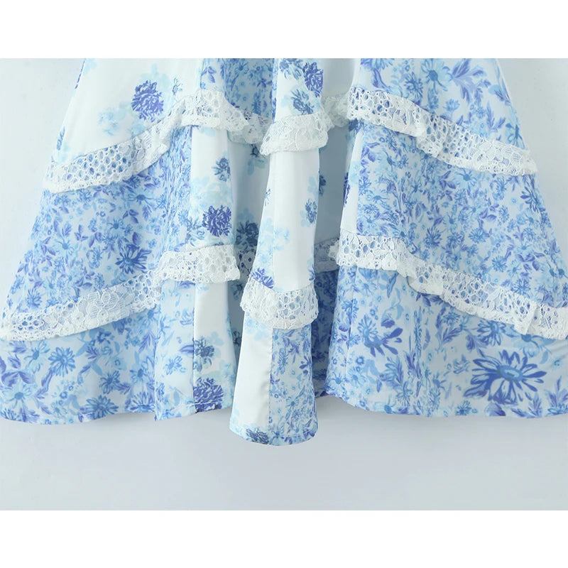Lace Spliced Blue Floral Print Summer Dress Women Sexy Backless V Neck A-line Mini Dresses Holiday Vestido Boho Robe voguable
