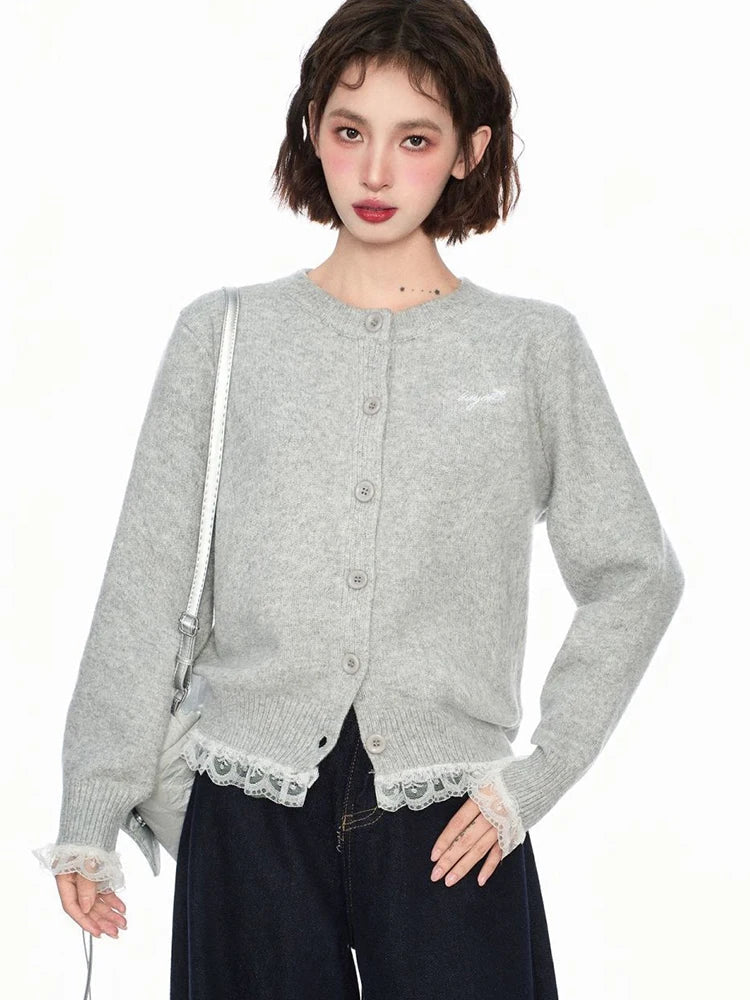 Lace Patchwork Retro Cardigan Women Streetwear Long Sleeve O Neck Knitted Sweaters American Casual Letter Vintage Fall Tops voguable