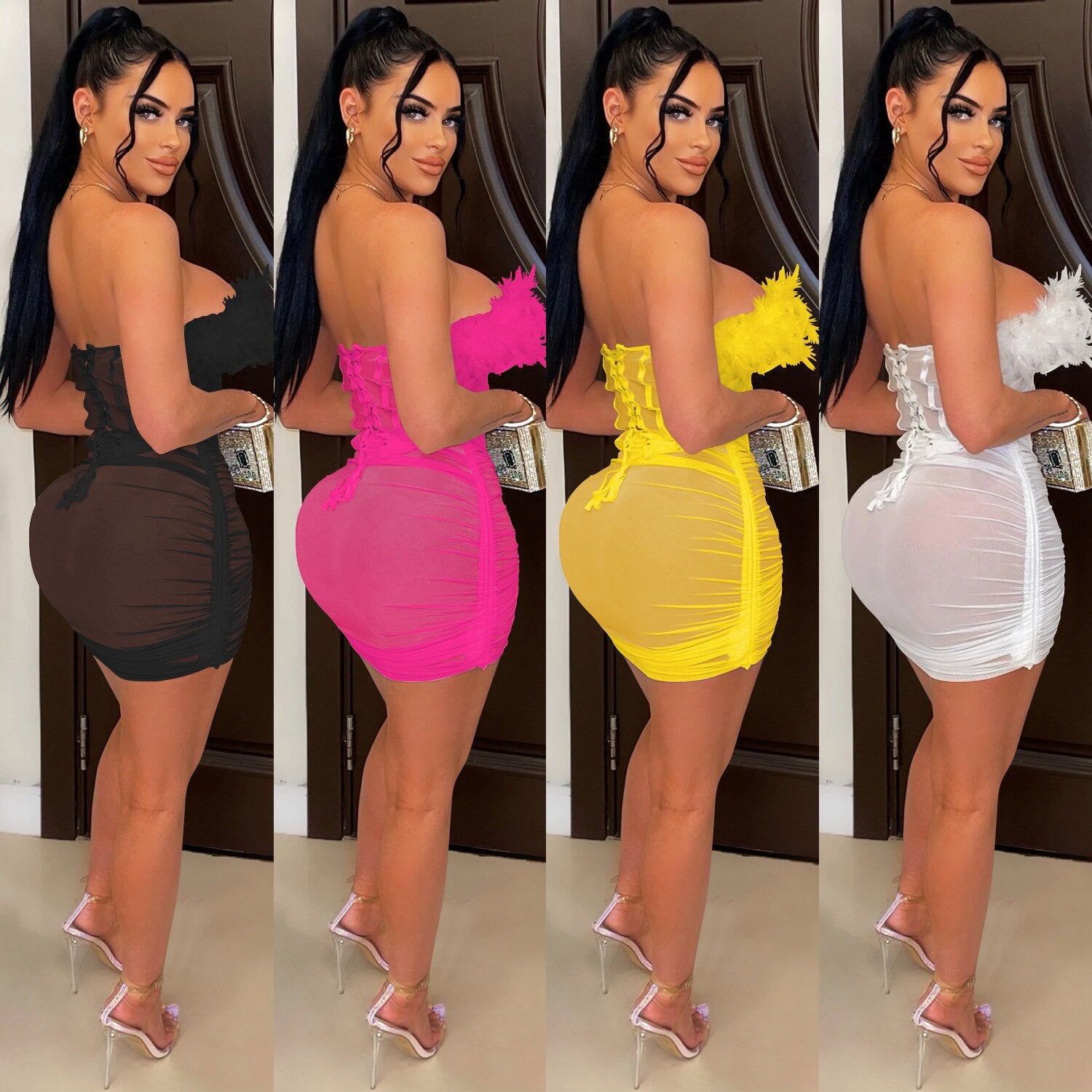 Slash Neck Spaghetti Straps Sexy Crop Tank Top Mini Dress With Feather Summer Women Solid Fashion Cute Robe voguable
