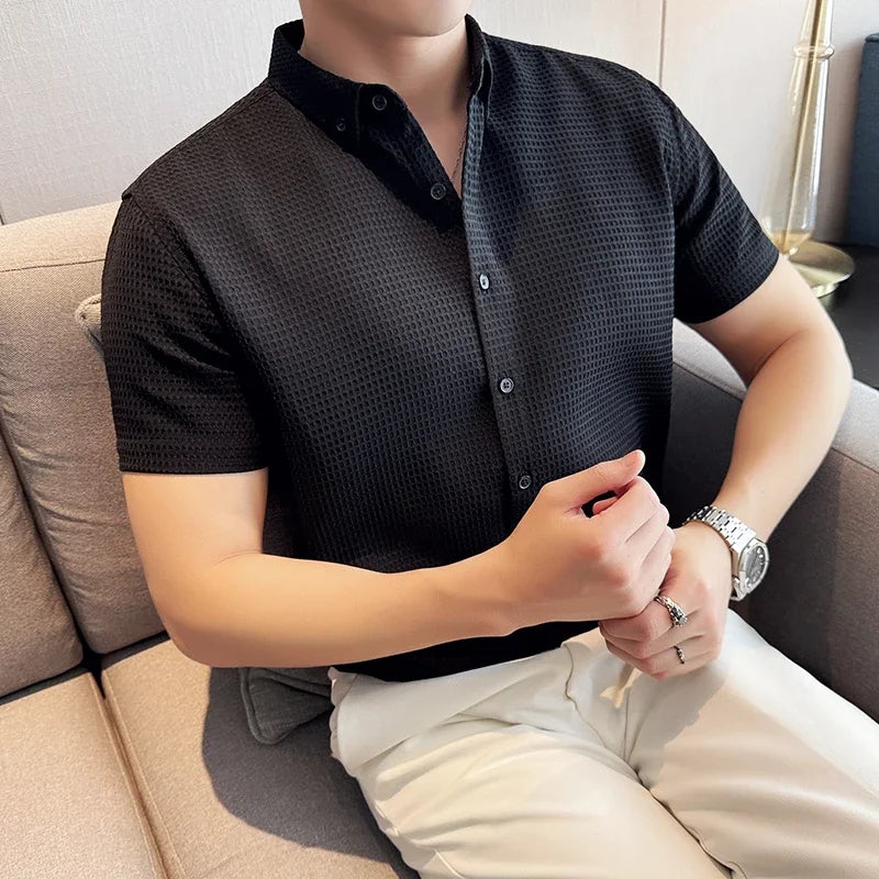 Men Waffle Shirt Short Sleeved 2024 Summer New Thin British Style Business Solid Casual Non Iron Slim Fit Shirt Men's Clothing voguable
