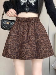 Y2K Leopard Mini Skirt Women High Waist Faux Suede Fabric A Line Skirts Streetwear Fall Winter Loose Vintage Sexy Skirts voguable