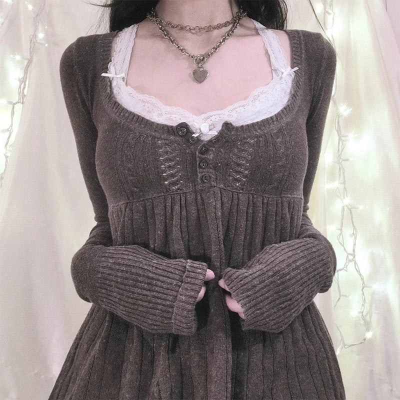 Vintage Babydoll Tops Pullovers Lady Aesthetic Coquette Knit Sweaters Outfit Autumn Square Neck Long Sleeve Knitwear Jumpers Y2k voguable