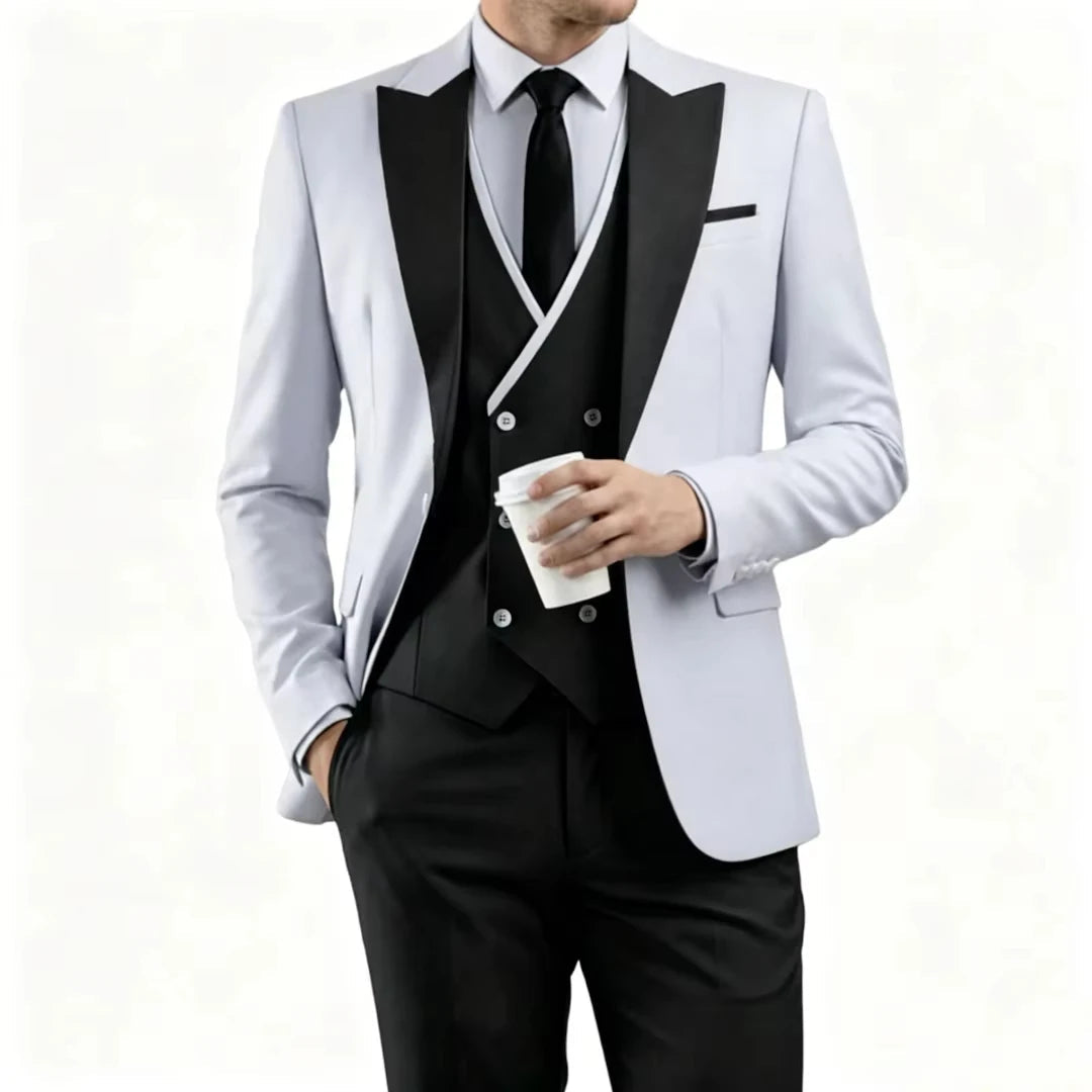 Voguable  Men Suit Sky Blue White 3 Pieces With Lapel For Wedding Groom Party Prom Birthday Banquet Business Work Set Jacket Vest Pant voguable