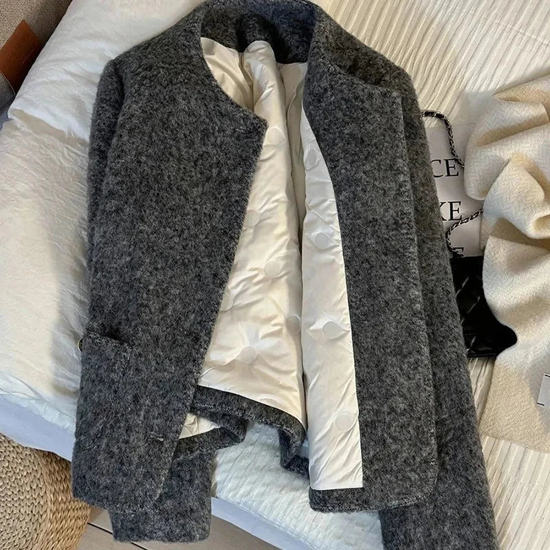 Winter Faux Woolen Gray Coat Women Vintage Thick Warm Long Sleeve Slim Jacket Casual O Neck Female Korean Elegant Retro Top voguable
