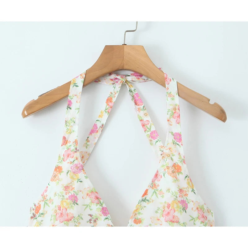 Sexy Backless Floral Print Halter Dress For Women Sleeveless Low Waist Holiday Summer Short Dress Party Robe voguable