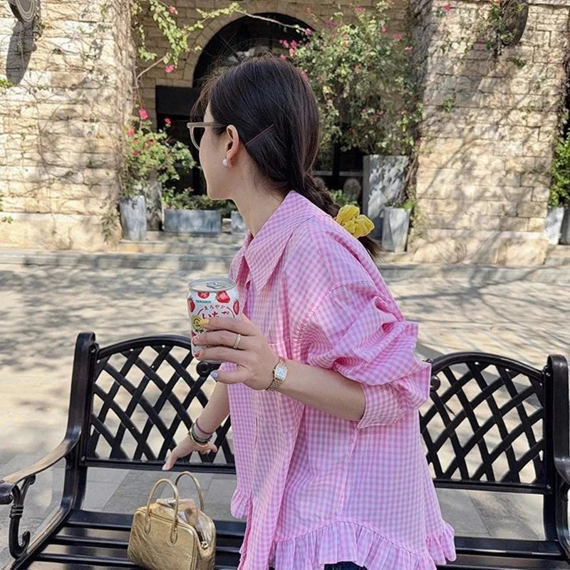 Vintage Black Plaid Shirt Women Loose Sweet Preppy Style Long Sleeve Blouse Fall Casual Retro Cute All Match Female Tops New voguable