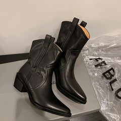 New Winter Chelsea Boots for Woman Genuine Leather Pointy Toe Wedge Heel Ankle Boots Simple Comfortable Cowboy Boots Female voguable