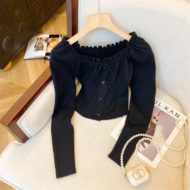 Autumn Winter Woman Slim Pullovers Slash Neck Sweater Long Sleeve Knitwear 2000s Aesthetic Korean Fashion Vintage Cute Core Chic Pbong