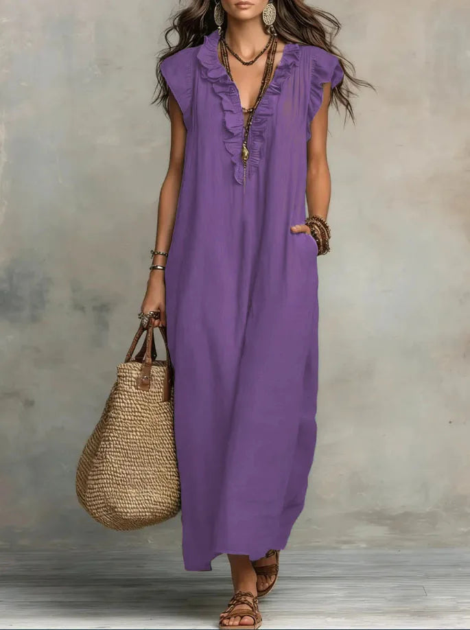 Voguable  New Ruffles V-neck Casual Solid Color Straight Tube Long Dresses Summer Casual Loose Fit Flying Sleeve Pocket Women's Dress voguable